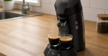 Cafetière Philips Senseo noire préparant deux tasses de café espresso sur un plan de travail en bois.