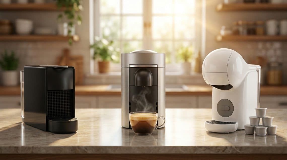 Trois cafeti&egrave;res &agrave; dosettes modernes pos&eacute;es sur un comptoir de cuisine lumineux avec une tasse de caf&eacute; fumant.