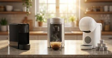 Trois cafetières à dosettes modernes posées sur un comptoir de cuisine lumineux avec une tasse de café fumant.