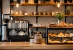 Machine à espresso professionnelle sur un comptoir de boulangerie avec une vitrine de viennoiseries et étagères en arrière-plan.