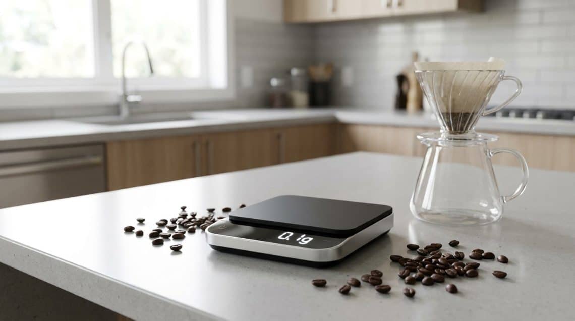 Une balance de précision noire sur un comptoir de cuisine, accompagnée de grains de café et d'une carafe en verre.