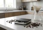 Une balance de précision noire sur un comptoir de cuisine, accompagnée de grains de café et d'une carafe en verre.