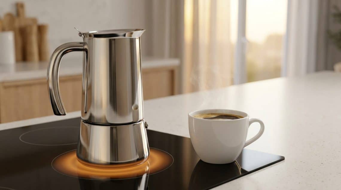 Cafetière italienne en inox sur une plaque à induction avec une tasse de café fumant à côté.