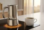 Cafetière italienne en inox sur une plaque à induction avec une tasse de café fumant à côté.