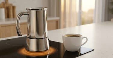 Cafetière italienne en inox sur une plaque à induction avec une tasse de café fumant à côté.
