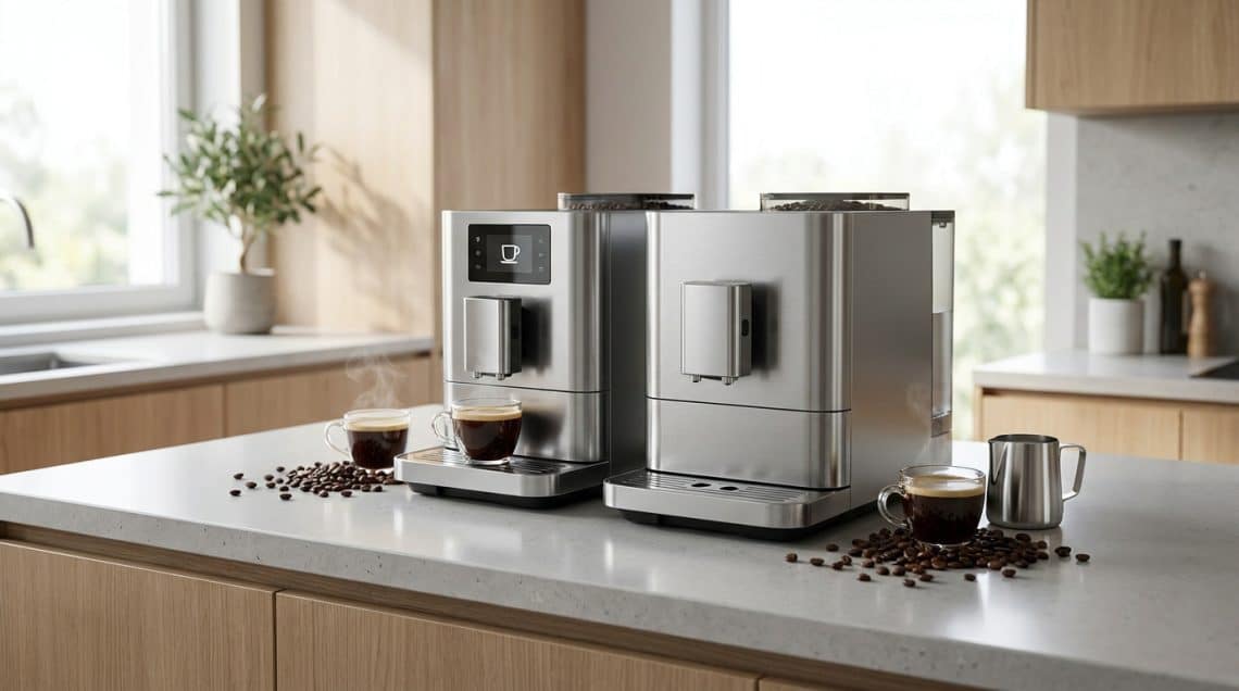 Deux machines à café Melitta en acier inoxydable côte à côte sur un comptoir de cuisine moderne avec des tasses de café.