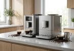 Deux machines à café Melitta en acier inoxydable côte à côte sur un comptoir de cuisine moderne avec des tasses de café.