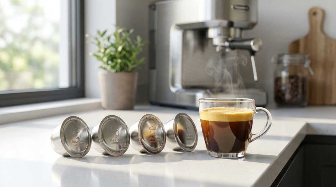 Quatre capsules de caf&eacute; rechargeables en inox align&eacute;es sur un comptoir de cuisine, &agrave; c&ocirc;t&eacute; d'une tasse de caf&eacute; fumant.