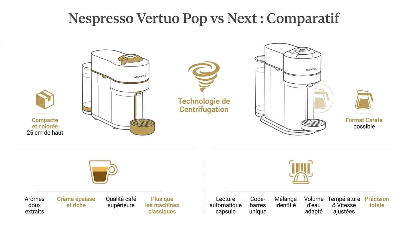 Comparatif visuel entre les machines &agrave; caf&eacute; Nespresso Vertuo Pop et Vertuo Next