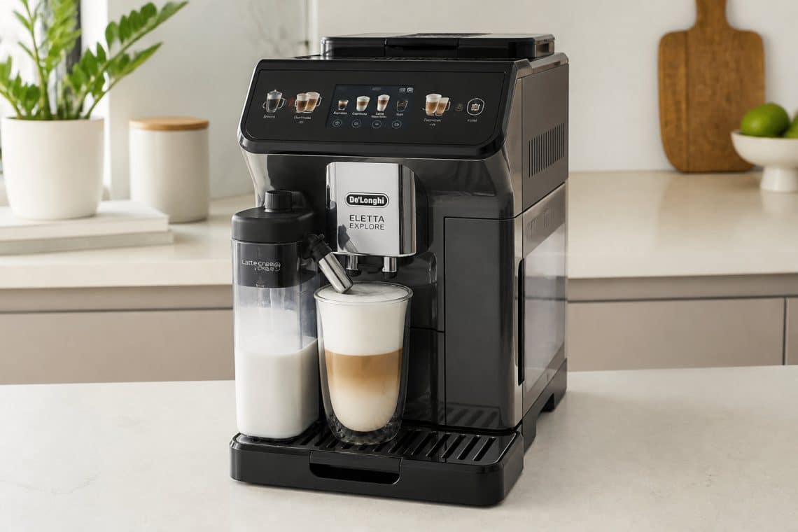Machine &agrave; caf&eacute; &agrave; grain De'Longhi Eletta Explore pr&eacute;parant un latte macchiato dans une cuisine moderne.