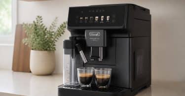 Machine à café expresso automatique De'Longhi noire préparant deux cafés sur un plan de travail dans une cuisine moderne.