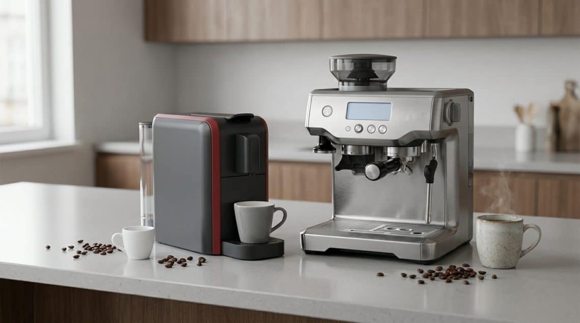Deux machines &agrave; caf&eacute; pos&eacute;es sur un comptoir de cuisine, l'une compacte et l'autre en acier inoxydable avec percolateur.