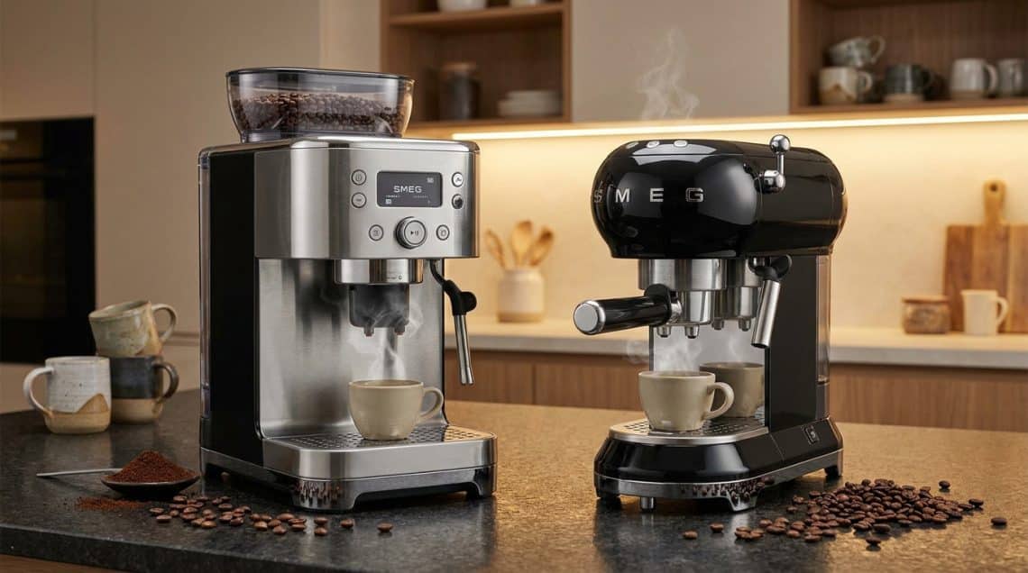 Deux machines à café Smeg sur un plan de travail de cuisine, l'une automatique et l'autre manuelle, dégageant de la vapeur.