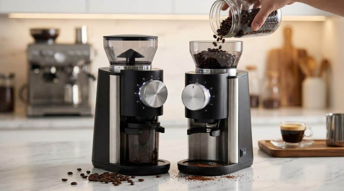 Deux moulins à café électriques modernes sur un plan de travail, avec une main versant des grains dans la trémie.