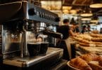 Machine à espresso professionnelle préparant deux cafés dans une boulangerie avec des viennoiseries au premier plan.