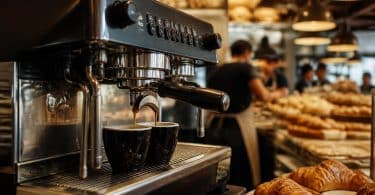 Machine à espresso professionnelle préparant deux cafés dans une boulangerie avec des viennoiseries au premier plan.
