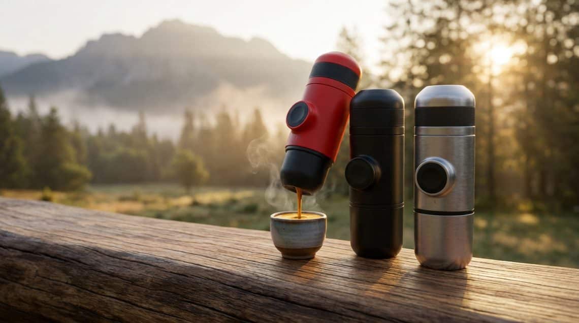 Trois machines expresso portables color&eacute;es sur une table en bois avec un caf&eacute; fumant face &agrave; un paysage de montagne.