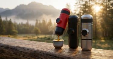 Trois machines expresso portables colorées sur une table en bois avec un café fumant face à un paysage de montagne.