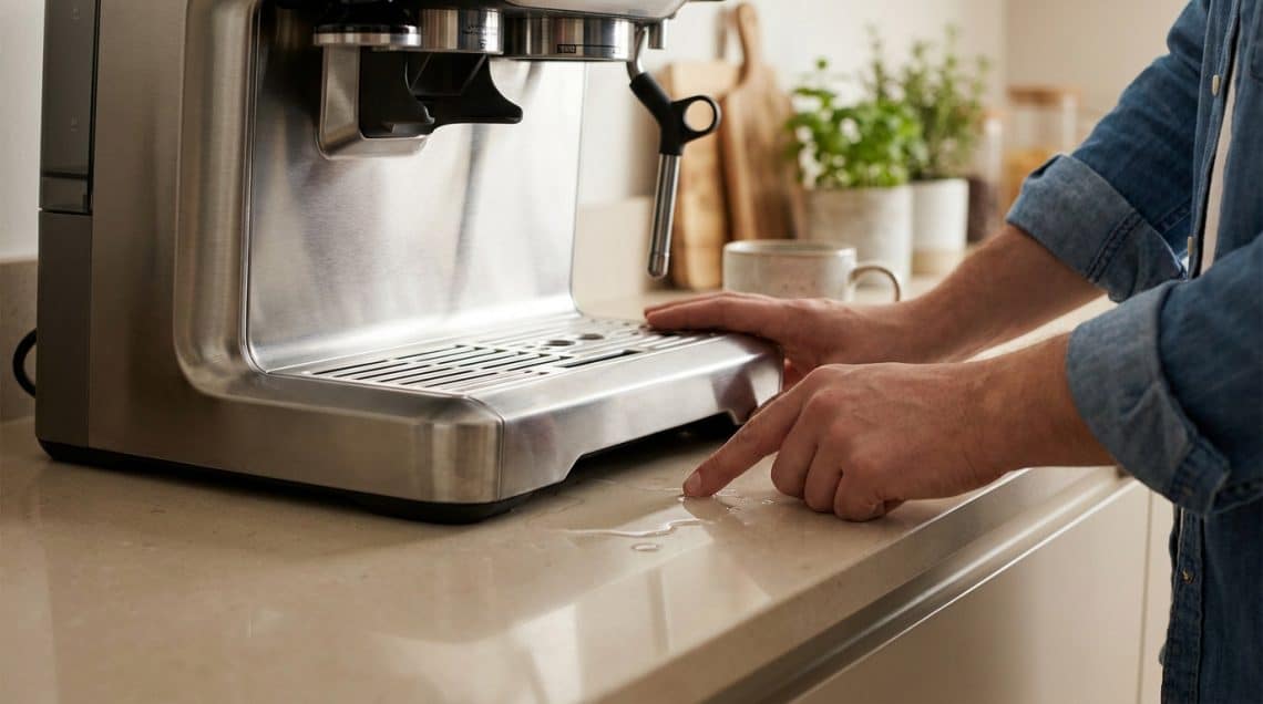 Une personne pointe du doigt une flaque d'eau s'échappant sous une machine à café en acier inoxydable sur un comptoir.