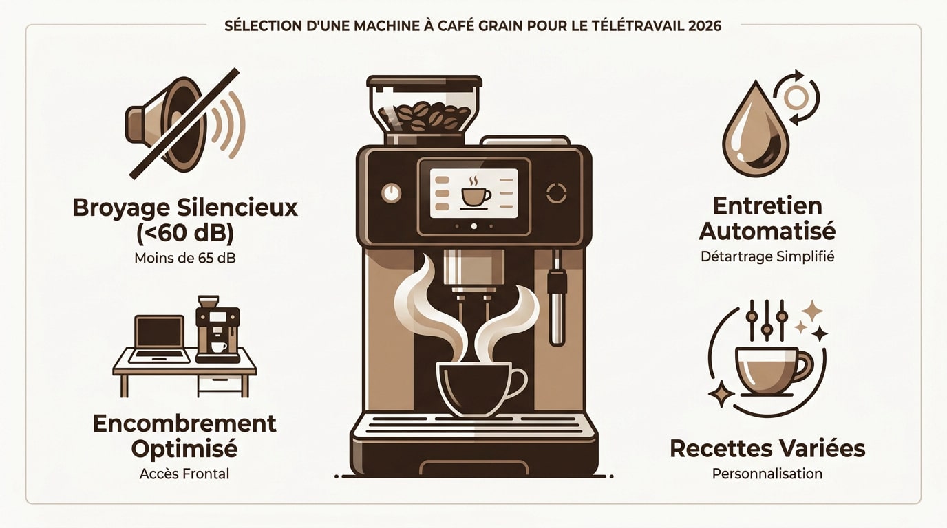 Machine à café à grain silencieuse sur un bureau de télétravail moderne