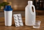 Kit de nettoyage pour machine à café avec cartouche filtrante, pastilles et solution de détartrage sur une table.