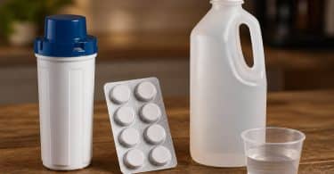 Kit de nettoyage pour machine à café avec cartouche filtrante, pastilles et solution de détartrage sur une table.