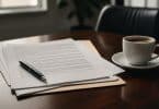 Documents administratifs, stylo et tasse de café posés sur un bureau en bois.