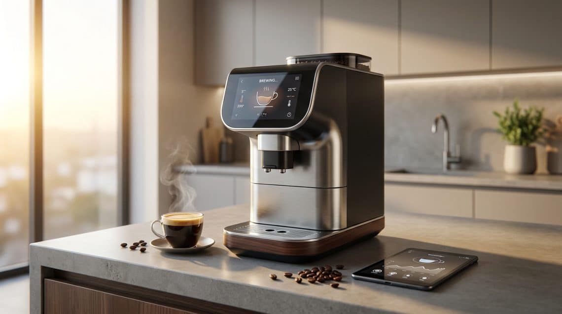 Une machine &agrave; caf&eacute; &agrave; grains moderne et connect&eacute;e sur un comptoir de cuisine, avec une tablette tactile &agrave; c&ocirc;t&eacute;.