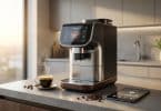 Une machine à café à grains moderne et connectée sur un comptoir de cuisine, avec une tablette tactile à côté.