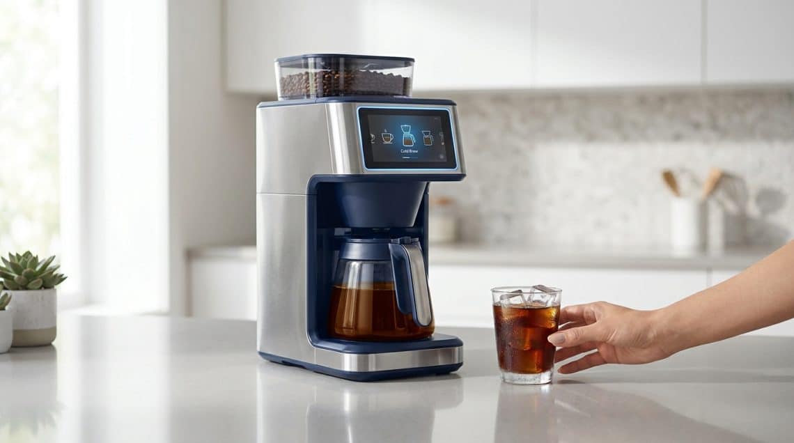 Machine à café moderne avec écran tactile préparant un cold brew dans une cuisine lumineuse.