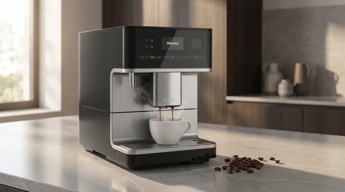 Machine &agrave; caf&eacute; &agrave; grain Miele moderne et &eacute;l&eacute;gante en inox coulant un expresso chaud dans une tasse blanche.