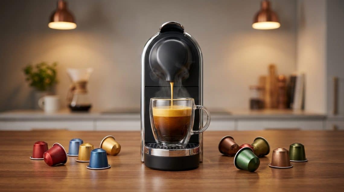 Machine &agrave; caf&eacute; Nespresso Vertuo noire remplissant une tasse en verre entour&eacute;e de capsules de caf&eacute; color&eacute;es sur une table.