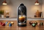 Machine à café Nespresso Vertuo noire remplissant une tasse en verre entourée de capsules de café colorées sur une table.