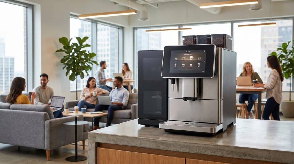Machine &agrave; caf&eacute; professionnelle sur un comptoir dans un espace de coworking lumineux avec des employ&eacute;s en arri&egrave;re-plan.