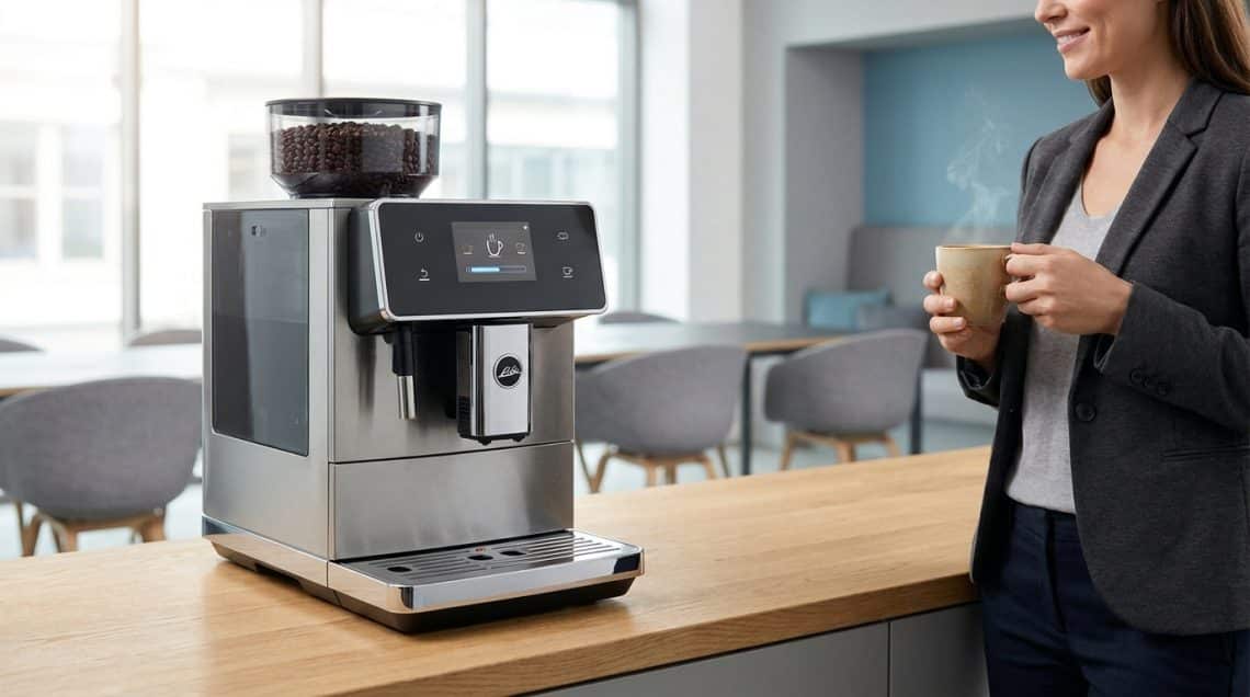 Une employ&eacute;e en costume sourit en tenant une tasse de caf&eacute; fumante pr&egrave;s d'une machine &agrave; caf&eacute; automatique moderne.