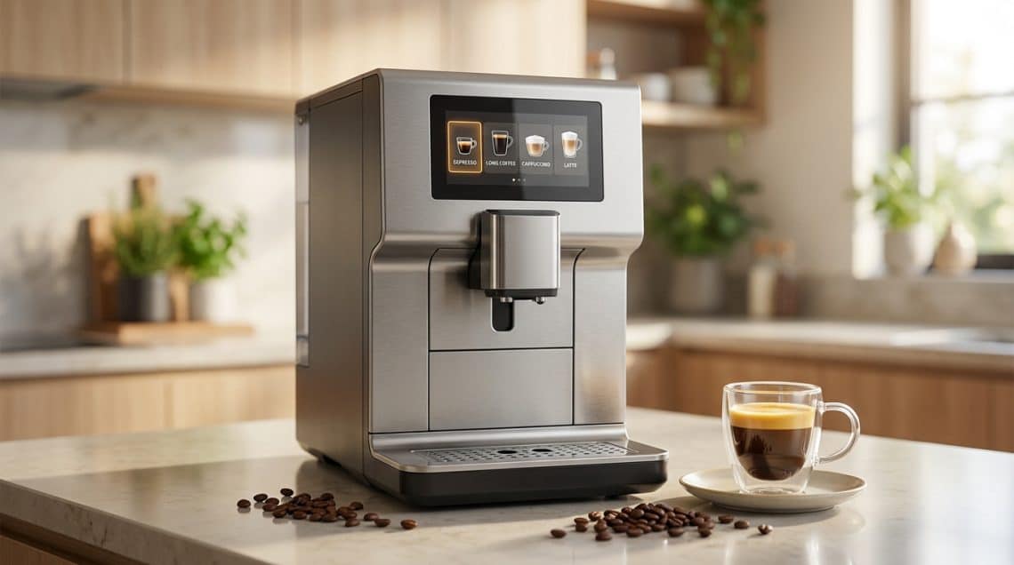 Machine à café grain Krups Intuition en inox sur un plan de travail avec une tasse d'expresso et des grains de café.