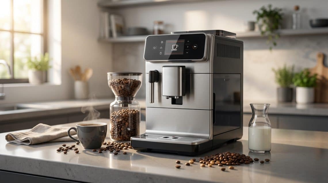 Machine à café automatique sur un plan de travail avec des grains et une tasse fumante dans une cuisine moderne.