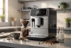 Machine à café automatique sur un plan de travail avec des grains et une tasse fumante dans une cuisine moderne.