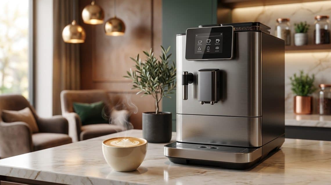 Machine &agrave; caf&eacute; automatique en inox sur un comptoir en marbre avec une tasse de cappuccino fumante et une plante.
