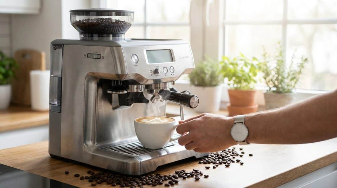 Une machine &agrave; expresso Sage en inox pr&eacute;parant un cappuccino sur un comptoir de cuisine lumineux.