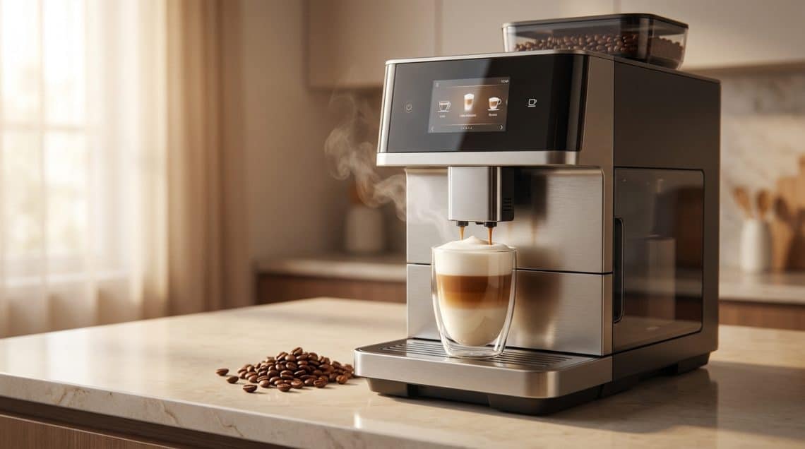 Machine à café automatique en inox préparant un latte macchiato avec des grains de café frais sur le plan de travail.