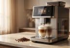 Machine à café automatique en inox préparant un latte macchiato avec des grains de café frais sur le plan de travail.