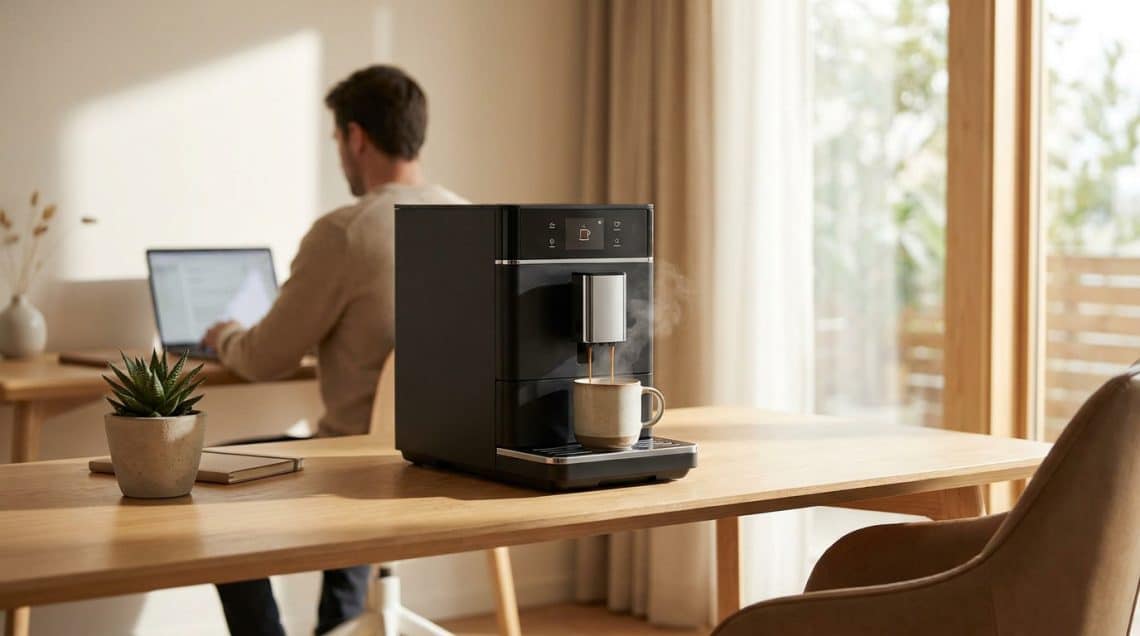 Machine à café automatique sur un bureau en bois avec un homme travaillant sur un ordinateur portable en arrière-plan.