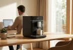 Machine à café automatique sur un bureau en bois avec un homme travaillant sur un ordinateur portable en arrière-plan.
