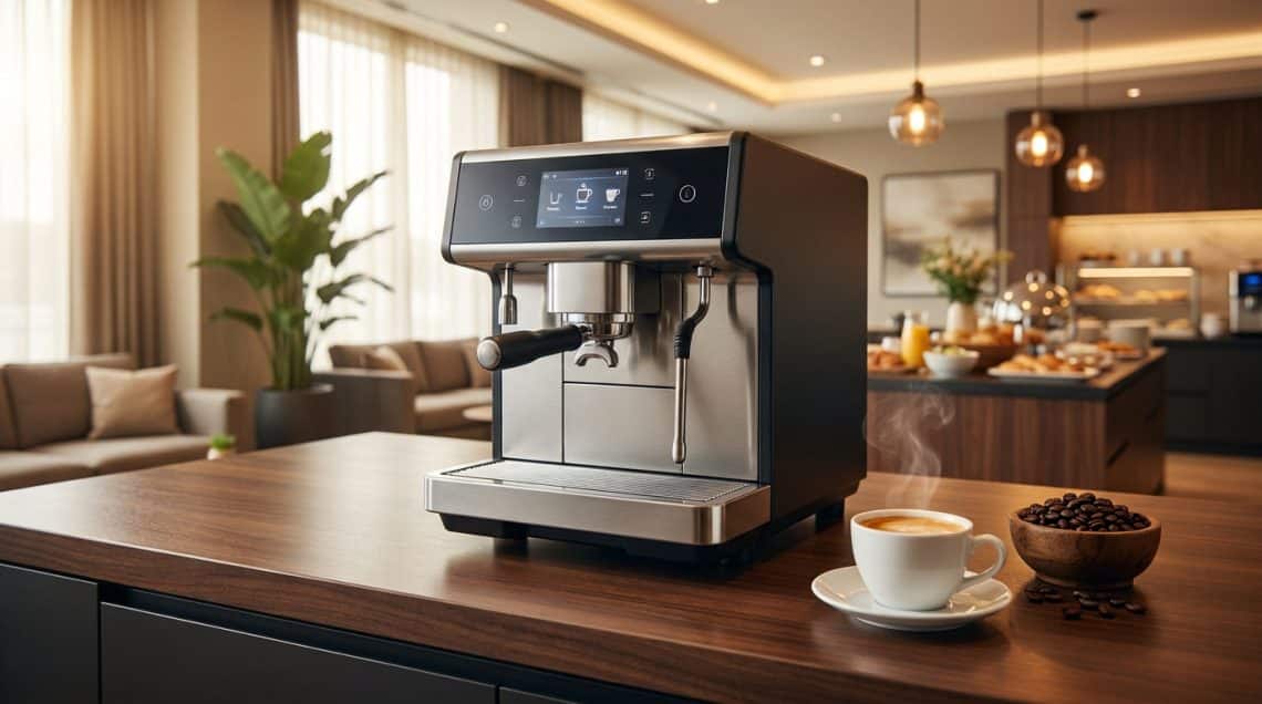 Machine &agrave; expresso automatique sur un comptoir en bois dans un hall d'h&ocirc;tel moderne avec une tasse de caf&eacute; fumante.
