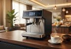 Machine à expresso automatique sur un comptoir en bois dans un hall d'hôtel moderne avec une tasse de café fumante.