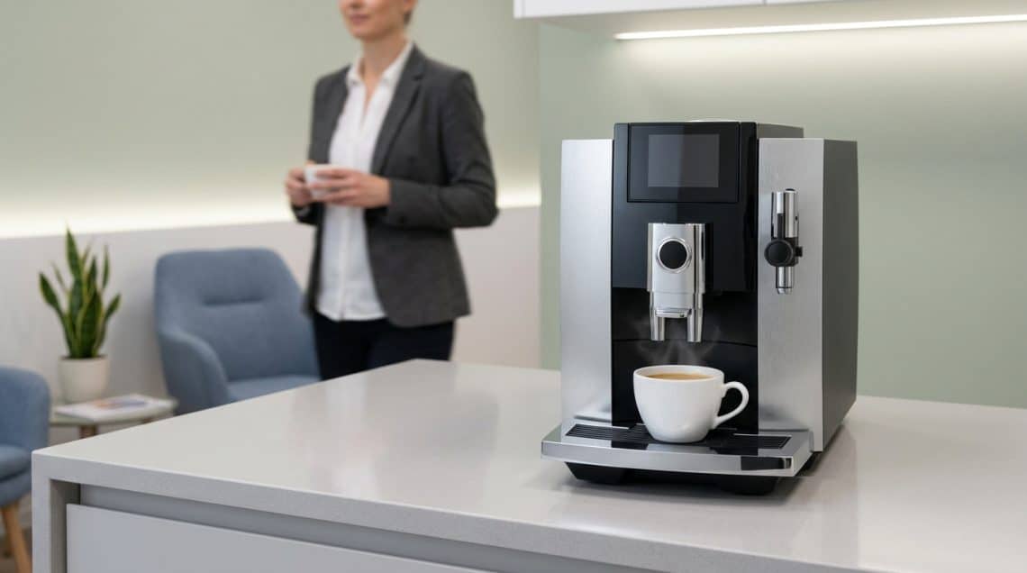 Machine à café automatique Jura sur un comptoir dans une salle d'attente avec une femme en arrière-plan.