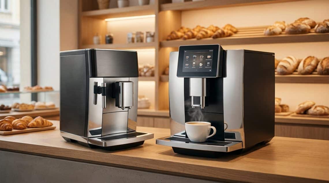 Deux machines &agrave; caf&eacute; automatiques sur le comptoir d'une boulangerie avec des &eacute;tag&egrave;res de pains en arri&egrave;re-plan.