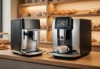 Deux machines à café automatiques sur le comptoir d'une boulangerie avec des étagères de pains en arrière-plan.