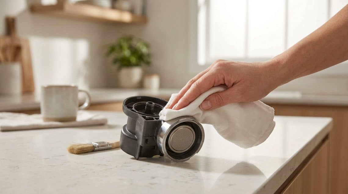 Une main nettoie un groupe café DeLonghi démonté avec un chiffon blanc sur un plan de travail de cuisine.